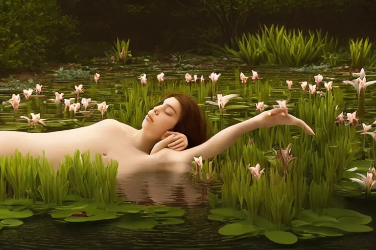 Prompt: cinematic 3 d portrait of a woman's porcelain head and shoulders floating in a pond, surrounded by a forrest of lillies, deep focus, intricate, elegant, highly detailed, matte, sharp focus, by bill henson and gregory crewdson and james jean