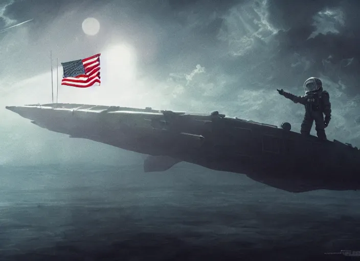 Image similar to astronaut holding a flag in an underwater desert. a submarine is visible in the distance. dark, concept art, cinematic, dramatic, atmospheric, 8 k, trending on artstation, blue, fish, low visibility, fog, ocean floor, christopher nolan, interstellar