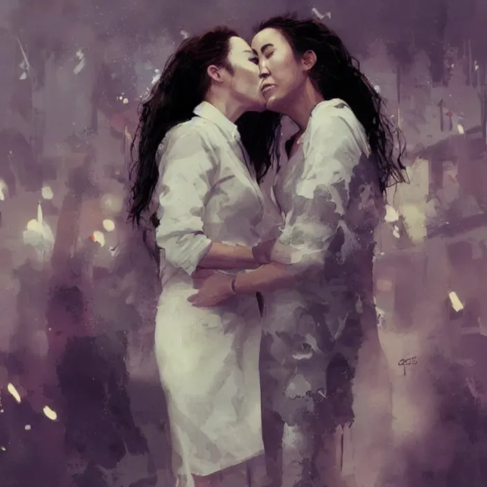 Prompt: jodie comer and sandra oh kiss by greg rutkowski