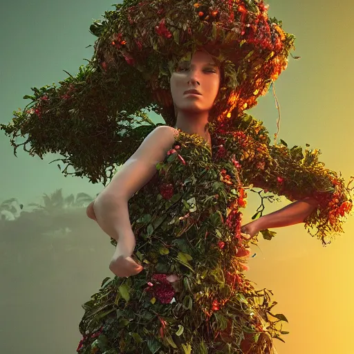 Prompt: a giant woman made of vines and leaves and a crown made of flowers towering over a tropical island, Dramatic Lighting, Trending on Artstation HQ, 4K, UHD.