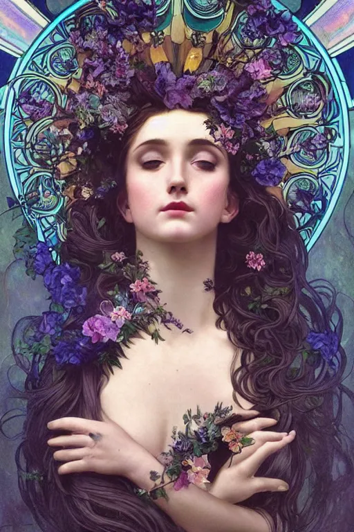 Image similar to a goddess of dark flowers!! hair in the wind! with a beautiful symmetrical face!!! cinematic lightning, murky dusty deep, smoky eyes, isolated, studio lighting by alphonse mucha and tom bagshaw