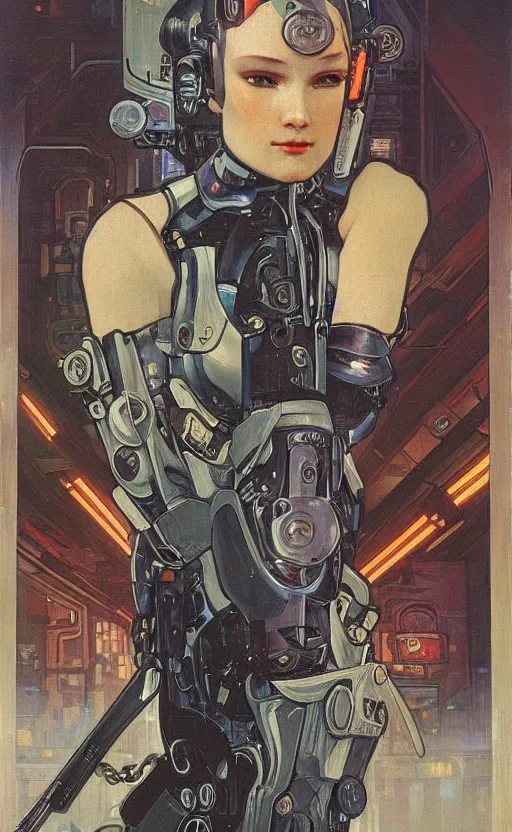 Image similar to cyberpunk robocop by mucha, oil painting