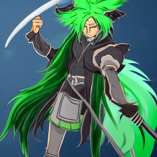 Image similar to anthropomorphic anime hero with wolf ears and a wolf tail, and green streaks in his hair. in the style of demon slayer