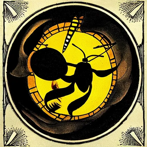 Prompt: a dark dangerous ritual with a bumblebee placed in the middle of a bloody bullseye at the center of the crosshairs of a gun, art nouveau, fantasy illustration