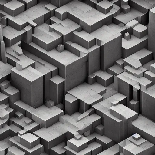 Image similar to isometric cube city made of sandstone, photographic, filmic, redshift, art station, hyper detailed, moody, gray tones