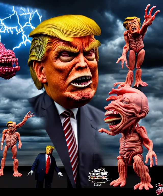 Image similar to hyperrealistic rendering, epic boss battle, cronenberg flesh monster donald trump, by art of skinner and richard corben, product photography, collectible action figure, sofubi, hottoys, storm clouds, outside, lightning