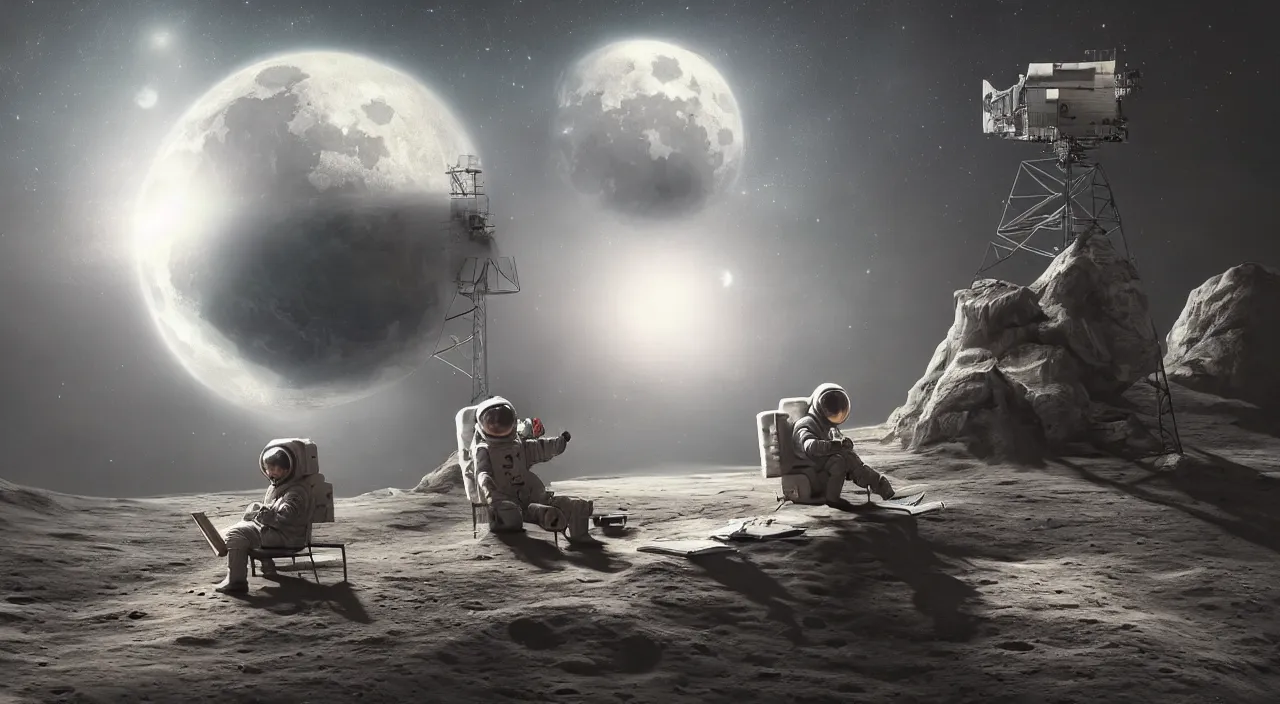 Image similar to hyper realistic matte painting of astronaut on the moon sitting on concrete bench, reading book facing planet earth above horizon, back lighting, highly detailed, trending on artstation, concept art, sharp focus, art by jan matejko