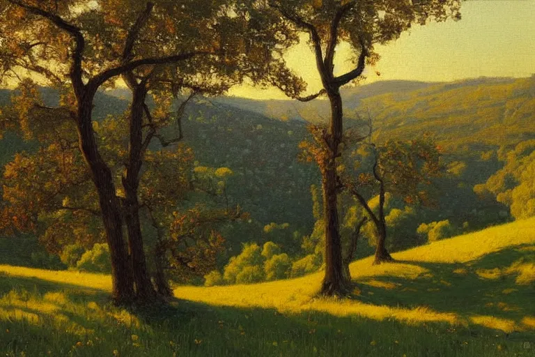 Prompt: masterpiece painting of oak trees on a hillside overlooking a creek, dramatic lighting, by daniel garber