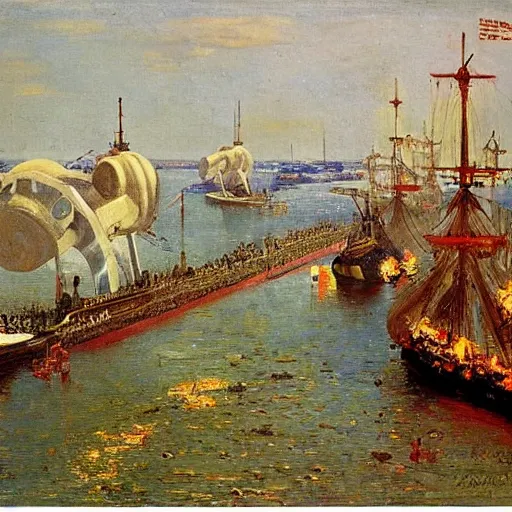 Prompt: british ships fire cannon at port of Lagos, from above, 1905, brightly coloured oil on canvas, by ilya repin