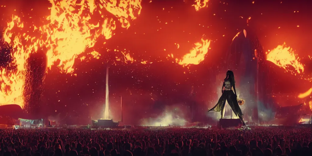 Image similar to realistic cinematic views of a orwellian coachella with fires in the background and dead seagulls falling from the sky in front of the main stage worshipping a large statue of kylie jenner, hyper detailed, terror glows, hyper realistic, digital painting, 8 k, 3 5 mm film grain, octane render