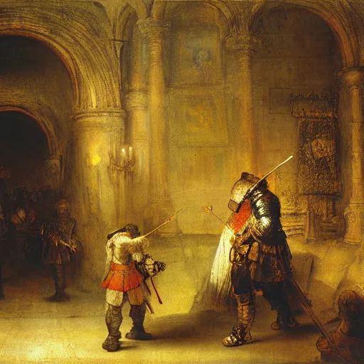 Prompt: Battered knight proposing to the Maiden of Death by Rembrandt, detailed,