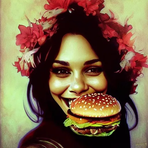 Image similar to beautiful portrait of vanessa hudgens eating a big mac hamburger, smiling, by cedric peyravernay, alphonse mucha, by jeremy mann, by lecouffe deharme, goth chic, soft lightning, eyeliner, punk rock, high detailed, 8 k