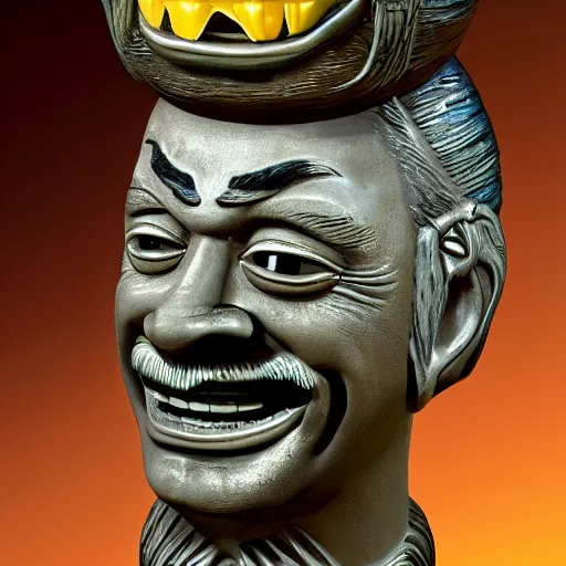 Image similar to a closeup photorealistic photograph of smiling salvador dali at trader vic's bar sitting next to a trader vic's style tiki mug featuring the face of salvador dali. tiki culture. bright scene. 4 k hd image that's trending on artstation, featured on behance, well rendered, extra crisp, features epic composition and the style of unreal engine.