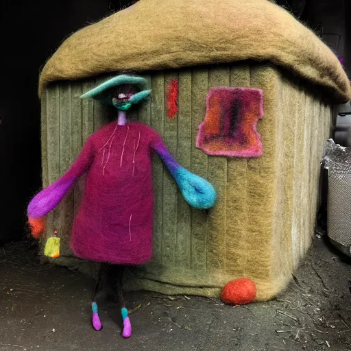 Prompt: photo of a larger than life sized needle - felted 2 0 0 year old wrinkly crone covered in warts sitting behind a needle felted dumpster in a needle felted alley way with low light and dark shadows