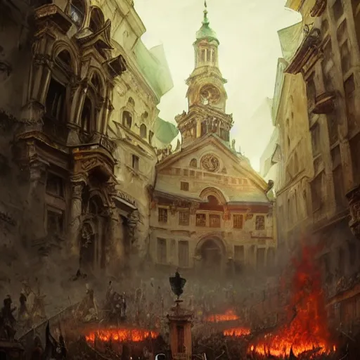 Prompt: lviv downtown in hell, inferno, witches, demons, panorama, highly detailed, full body, digital painting, trending on artstation, concept art, sharp focus, illustration, art by artgerm and greg rutkowski and magali villeneuve