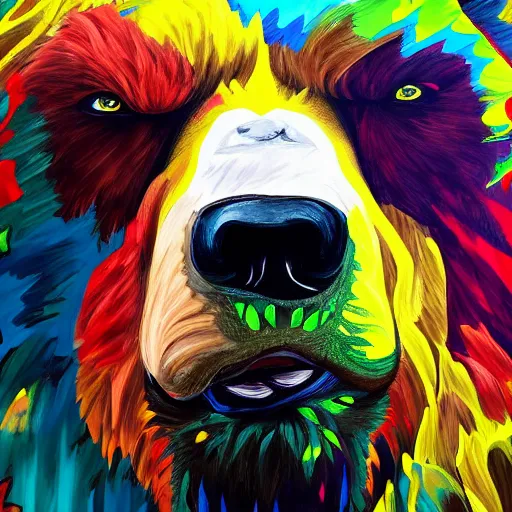 Image similar to a head and shoulder portrait of bear beast-man painted in the colorful and expressive style of Kotwdq, trending on Artstation 8k photorealistic