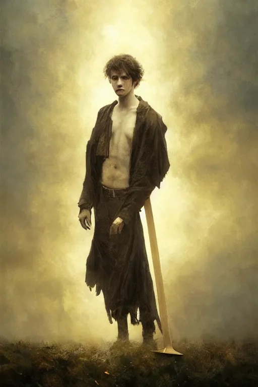 Prompt: breathtaking soft painting of young arthur rimbaud as a grim reaper, gauze cloak in a golden sky, books flying around, realistic symmetrical face features, rembrandt style, elegant, highly detailed, artstation, concept art, matte, sharp focus, art by tom bagshaw, and greg rutkowski