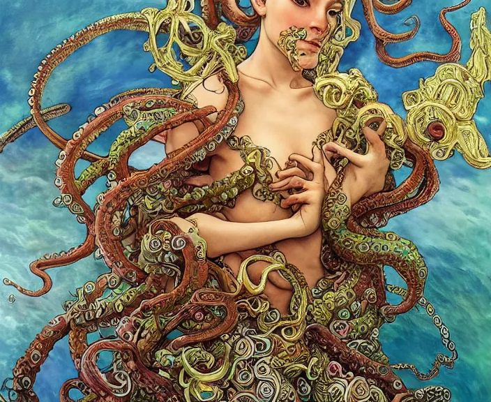 Image similar to portrait of an octopus goddess, full body shot, rule of thirds, wide angle, amazing landscape in background, magic realism, fantasy, whimsical, horror, art by riot games and chengwei pan and josephine wall and amanda sage and alphonse mucha, intricately detailed, highly detailed, luxurious, elegant, clean, unsettling, trending on artstation