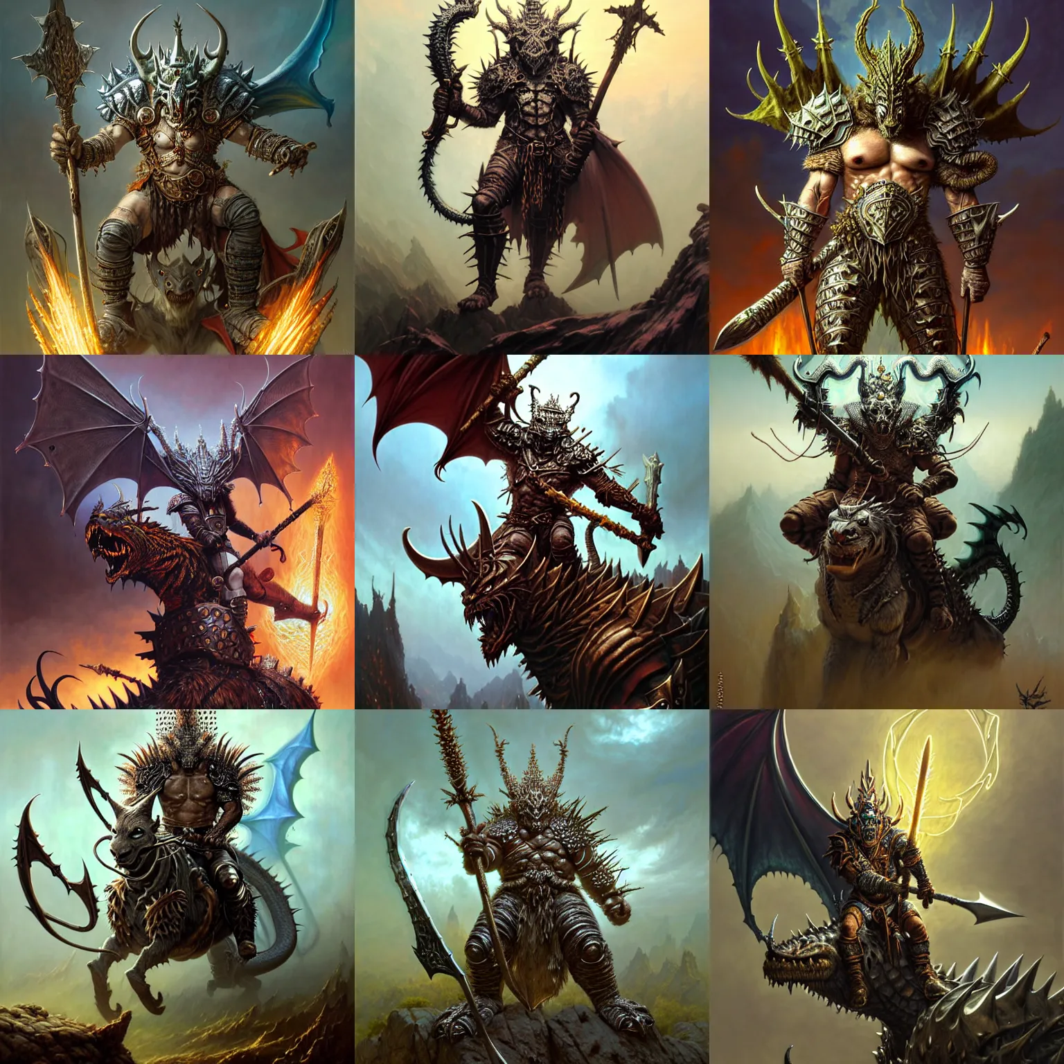 Prompt: fantasy character portrait, orc king in spiky armor with an aura, wearing a dragon mask, sitting on tiger mount, holding an axe, ultra realistic, wide angle, intricate details, highly detailed by peter mohrbacher, hajime sorayama, wayne barlowe, boris vallejo, aaron horkey, gaston bussiere, craig mullins