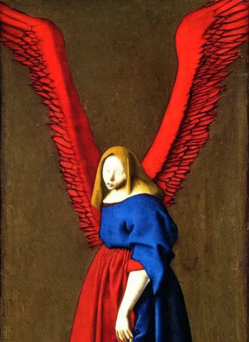 Image similar to Flying Fallen Angel with wings dressed in red, Medieval painting by Jan van Eyck, Johannes Vermeer, Florence