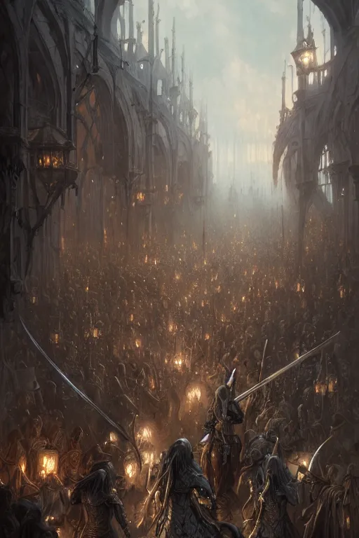 Image similar to medieval parade of knights, by wlop, by luis royo, by peter mohrbacher, concept art, digital illustration, intricate, masterpiece, elegant, super detailed, unreal engine rendering, smooth, sharp focus, artstation hq