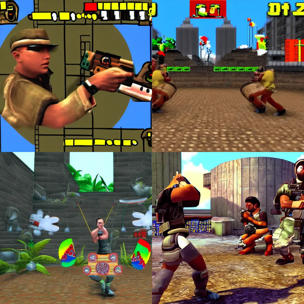 Prompt: a typical first person shooter video game on PS1, tactical bongo drums are equipped