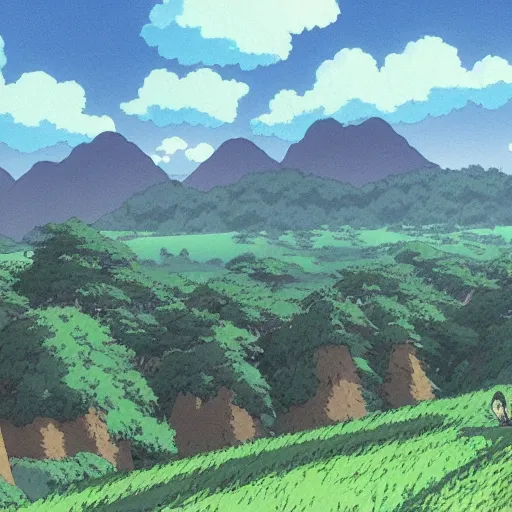 Image similar to a peaceful mountain overlooking a field, studio ghibli