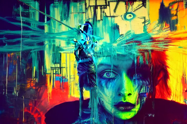 Image similar to fantasy punk elf, multilayer glitch effect in spatial perceptron synapses, matte painting, 4 k, epic composition, volumetric light, abstract illusionism, by robert rauschenberg, edvard munch, jean - michel basquiat, pour paint, modern street art, grunge wall