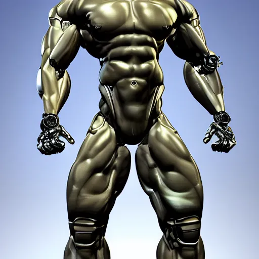 Image similar to a realistic detailed photo of a bodybuilder who is also a male android Chris Redfield, shiny skin, posing robotically, blank stare