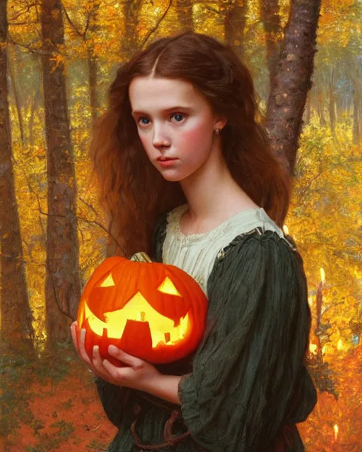 Image similar to a realistic candlelit portrait painting of a thoughtful girl resembling a young, shy, redheaded alicia vikander or millie bobby brown wearing peasant dress carrying a jack - o - lantern in a fall forest at night, highly detailed, intricate, concept art, artstation, by donato giancola, alphonse mucha, and william bouguereau