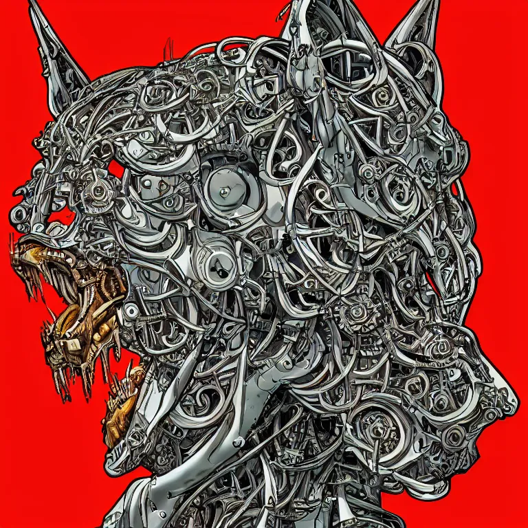 Image similar to detailed portrait artwork of a biomechanical lynx by subjekt zero. colored centered uncut. slightly lowbrow. influenced by andrei riabovitchev and igor goryunov.