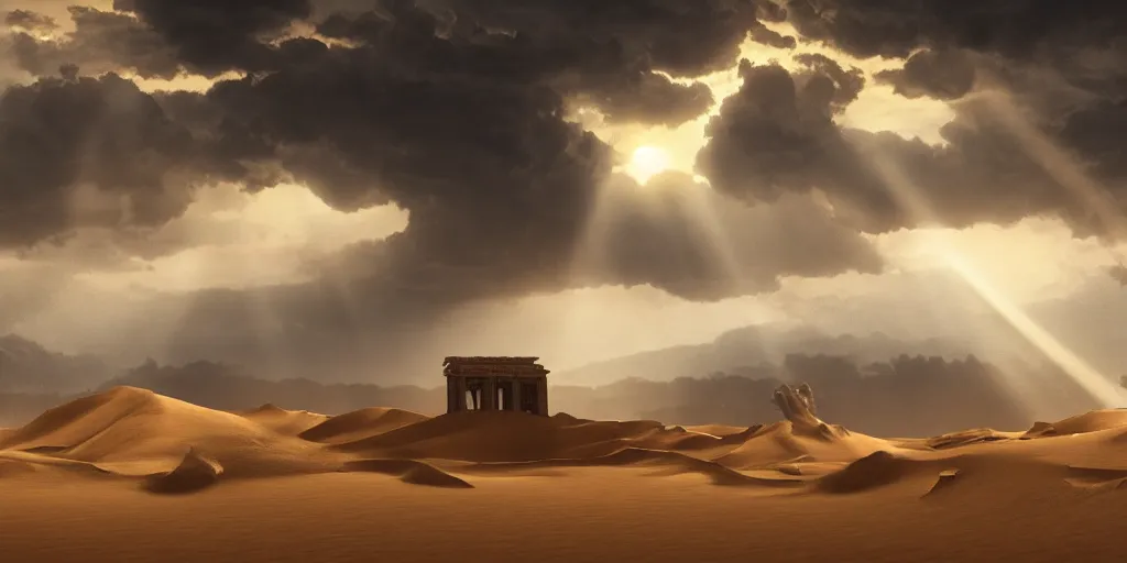 Image similar to a wide desertic matte painting landscape with ancient temple buried in the sun. big sand dunes. dramatic sky with storm clouds and sunrays by goya. eerie lighting. photorealistic. artstation. hd.