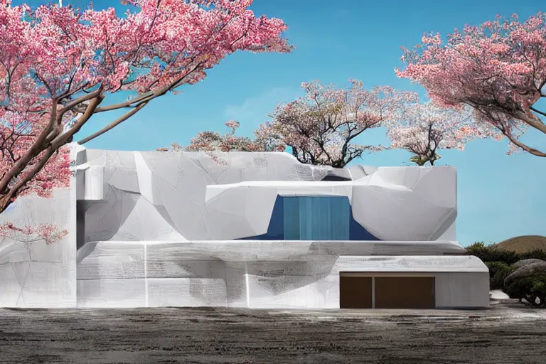 Prompt: futuristic luxurios chic Japanese house with Singaporean lush sakura trees, white and royal blue theme, sakura season, advanced, expensive architecture, elegant, at Salar De Uyuni with Hexagonal formations on the surface of salt crystallization, sandwiched between sedimentary deposits, bubbling geysers, marvellous reflection of the sky, digital painting, concept art, smooth, sharp focus, from Star Trek 2021, illustration, by WLOP and Ruan Jia and Mandy Jurgens and William-Adolphe Bouguereau, Artgerm