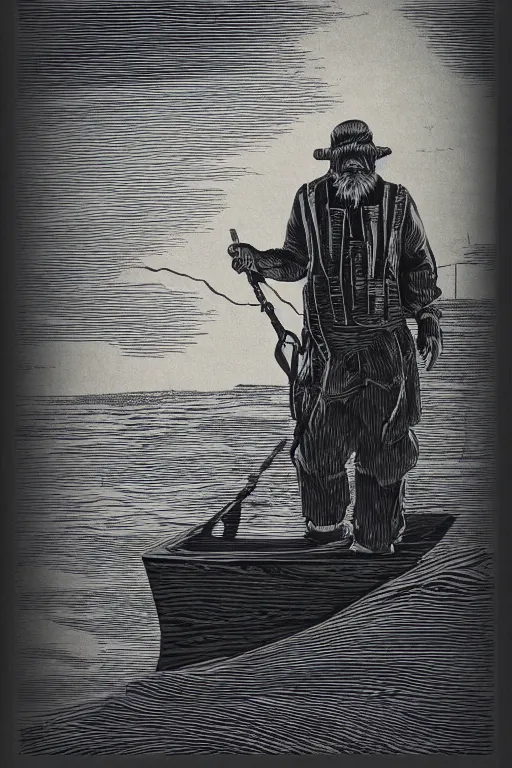 Prompt: a beautiful wood engraving on paper of an old fisherman, 8 k, frostbite 3 engine, cryengine, dof, trending on artstation, digital art, crepuscular ray