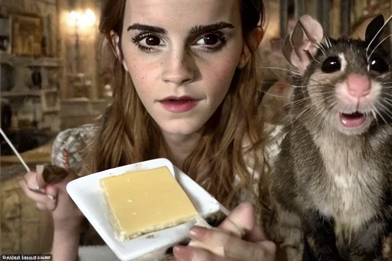 Image similar to selfie, emma watson as anthropomorphic furry - rat, she is rat, cats around, eating cheese, highly detailed, intricate details