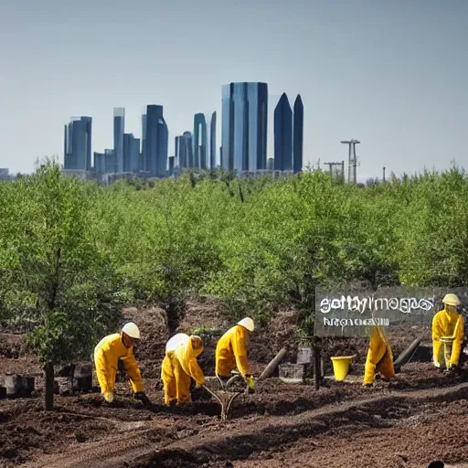 Image similar to a group of workers planting trees in a barren landscape alongside a sci fi nuclear containment building with a utopian city in the distance