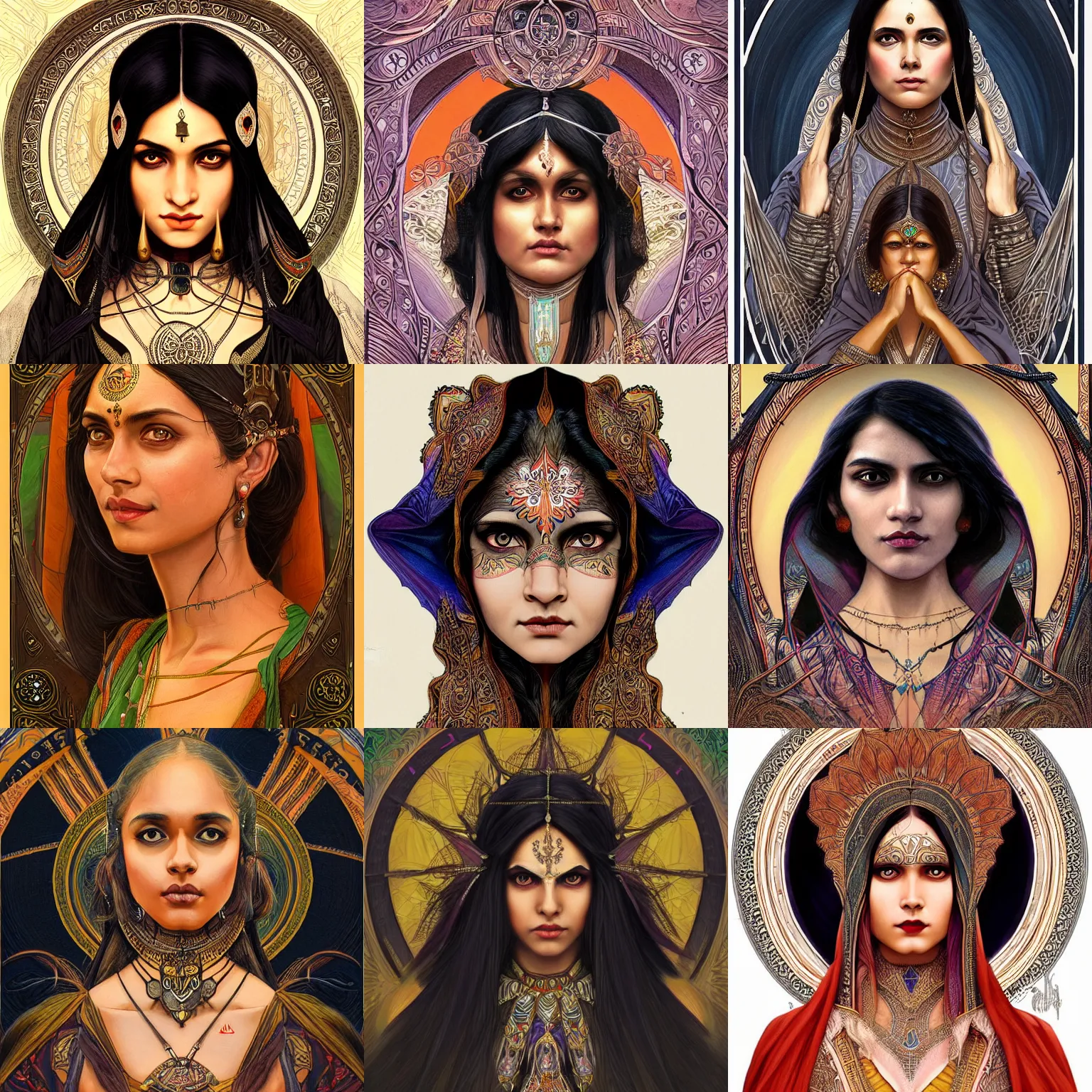 Prompt: head-on symmetrical centered painted portrait, Indian woman D&D wizard, art nouveau, black hair, medieval robes, fantasy, intricate, elegant, highly detailed, smooth, sharp focus, illustration, artstation, in the style of Artgerm and Anna Podedworna and Alex Ross and Mucha