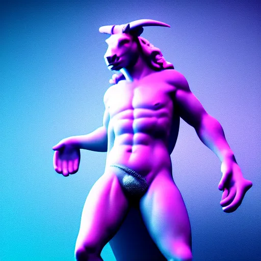 Prompt: unreal engine octane render houdini hyperreallistic render 8k marble statue of the minotaur vaporwave blue and pink neon background