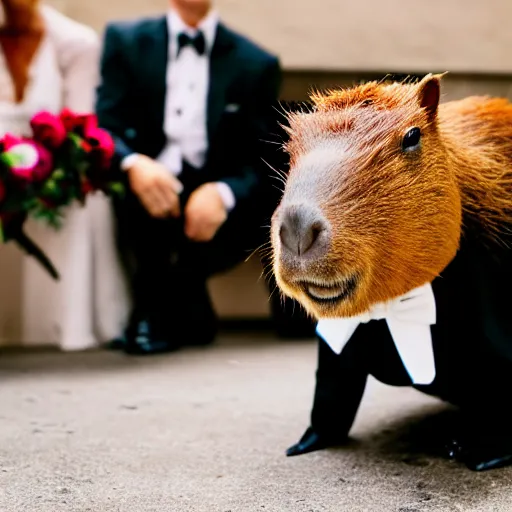 Image similar to a capybara wearing a tuxedo at a wedding