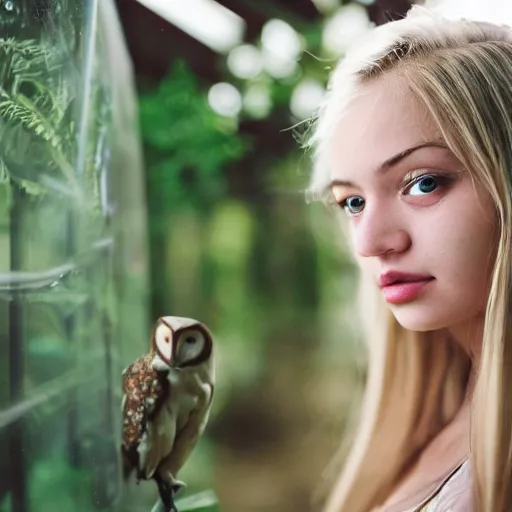 Prompt: aero ektar lens. shallow depth of field. head to waist portrait photograph of an extremely beautiful!!!! young blonde female. symetric face. round detailed eyes. with a very detailed barn owl! on her shoulder., petzval lens. in a tropical greenhouse. featured on flickr, art photography, photo taken with provia,