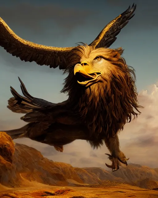 Image similar to human / eagle / lion / ox hybrid with two horns, one beak, mane and human body. beautiful dynamic lighting, cinematic, wide angle establishing shot, extremely high detail, photo realistic, cinematic lighting, post processed, concept art, artstation, matte painting, style by frederic church, raphael lacoste, unreal engine 8 k