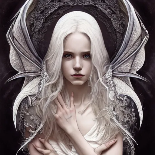 Image similar to a photograpic portrait of a anthropomorphic dragon wearing white clothes, fantasy, intricate, elegant, highly detailed, digital painting, artstation, concept art, smooth, sharp focus, illustration, art by artgerm and H R Giger and alphonse mucha