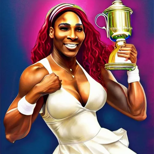 Prompt: serena williams as aphrodite holding the us open trophy illustration by artgerm