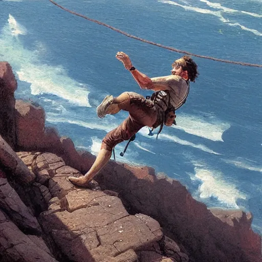 Prompt: adventurer hanging off a rocky cliff holding on by one hand, top down view by Greg Rutkowski by James Gurney