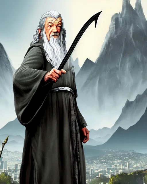 Image similar to Gandalf the gray from Lord of the rings in GTA V loading screen, GTA V Cover art by Stephen Bliss, boxart, loading screen,