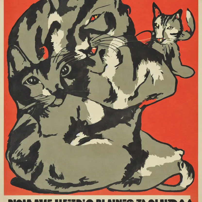 Image similar to propaganda poster with a cat as the centerpiece