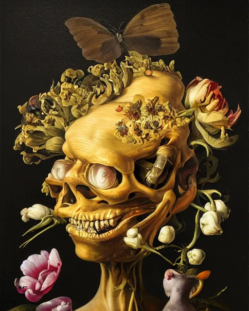 Image similar to refined gorgeous blended oil painting with black background by christian rex van minnen rachel ruysch dali todd schorr of a chiaroscuro portrait of an extremely bizarre disturbing mutated man made of still life flowers and rubber insects with shiny skin acne dutch golden age vanitas intense chiaroscuro cast shadows obscuring features dramatic lighting perfect symmetry perfect composition masterpiece