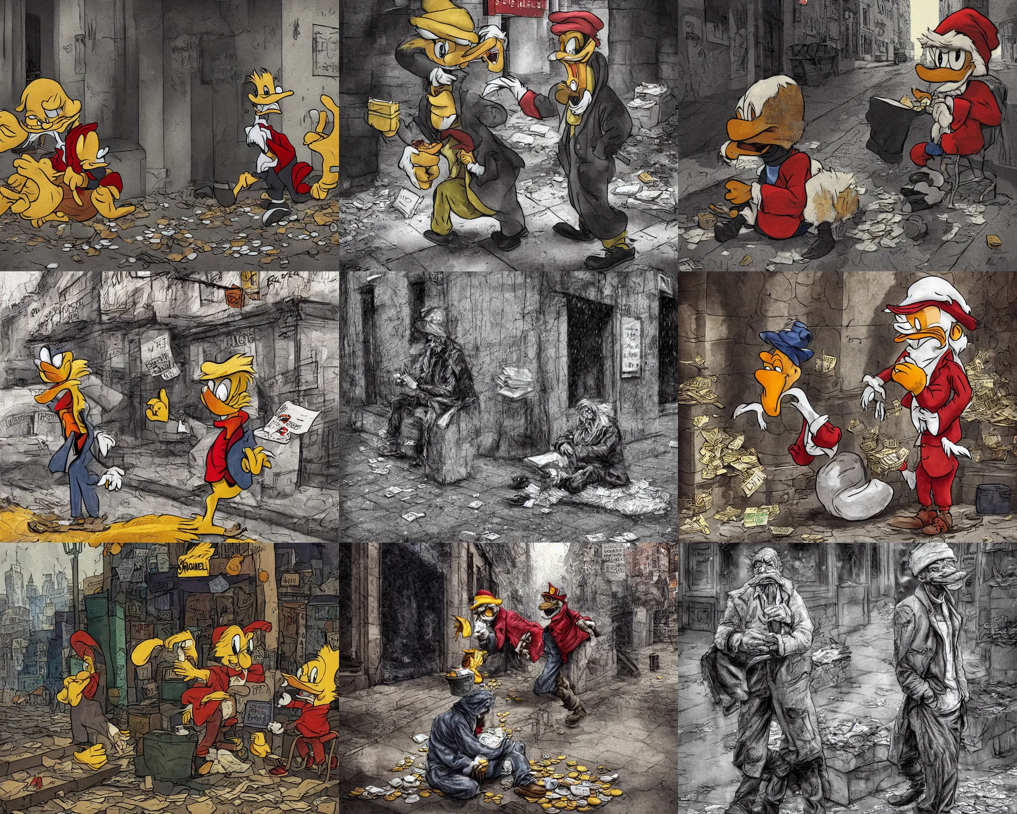 Prompt: hyper realistic digital painting of scrooge mcduck homeless on the street, rough and ripped clothing, detailed, 8 k, cold, digital art, bold, desaturated colors, cinematic