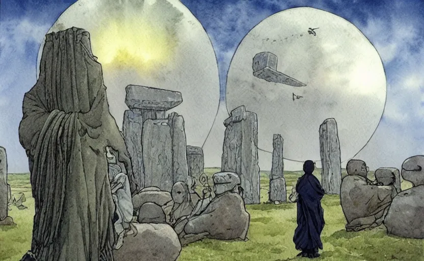 Prompt: a realistic and atmospheric watercolor fantasy concept art of giant monk with a long forehead in grey robes sitting in stonehenge. in the background a ufo is in the sky. by rebecca guay, michael kaluta, charles vess