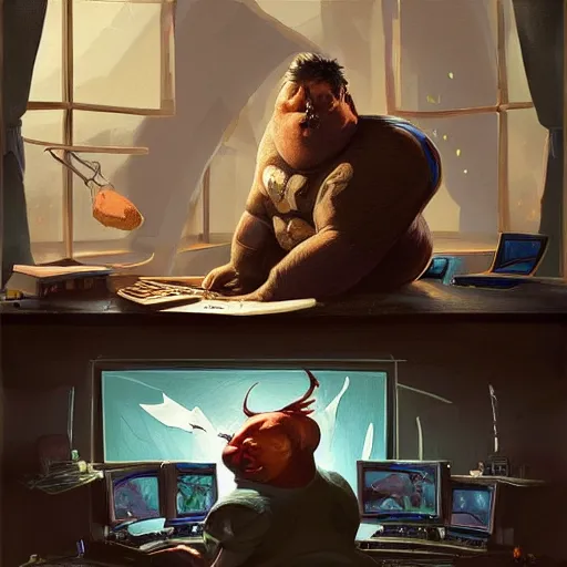 Image similar to a insanely detailed painting of a slightly overweight man wearing a homemade superhero costumed, sitting at a computer desk, nervously and clicking on the mouse, in the style of peter mohrbacher, dramatic lighting and composition, trending on artstation, concept art, comic book, graphic novel